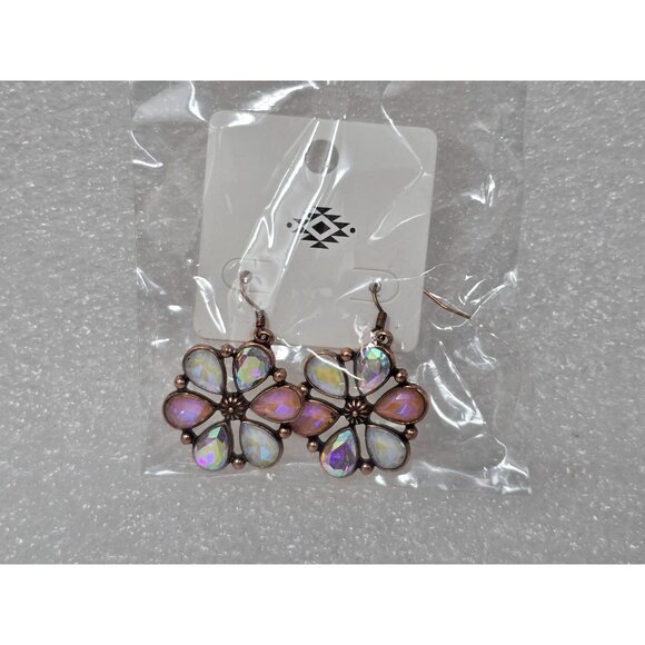 Copper Tone & Iridescent Teardrop Flower Dangle Earrings - Picture 2 of 3